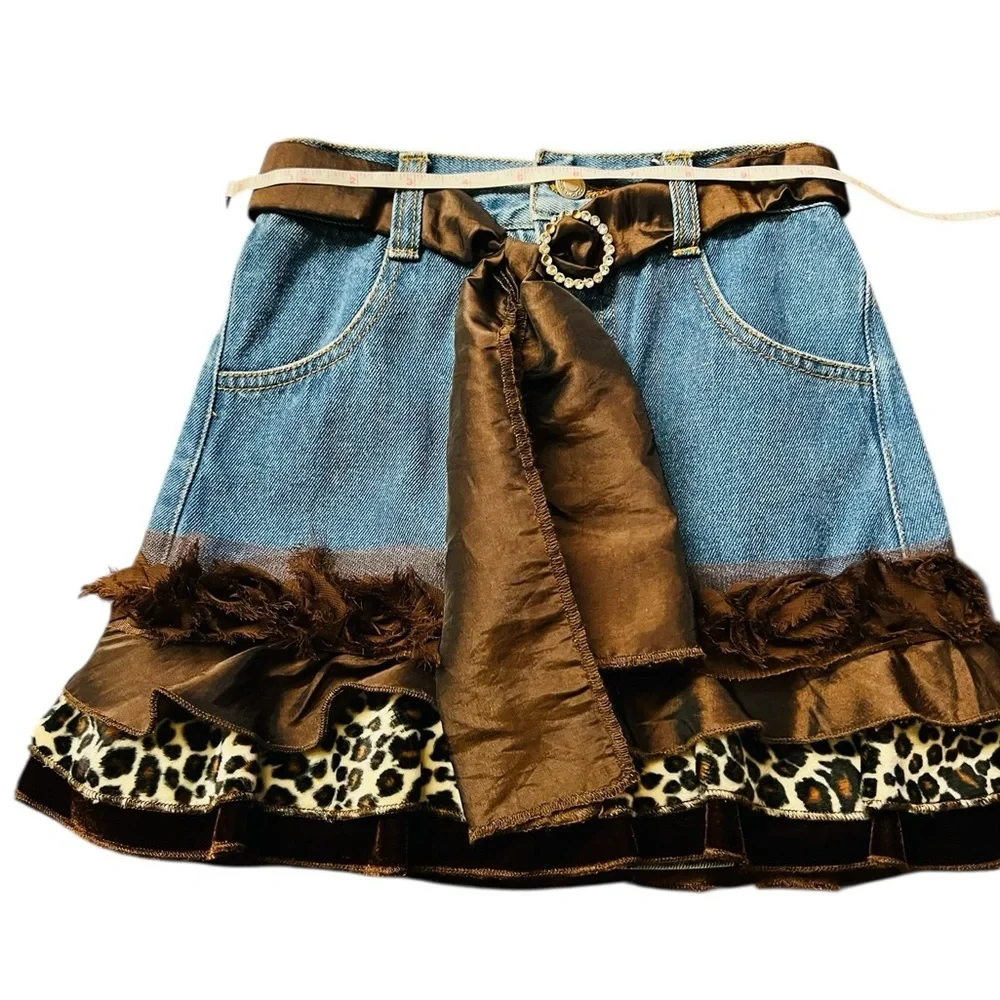 Greggy Girl Chic Denim Skirt with Brown and Leopard Accents Girl’s Size 6